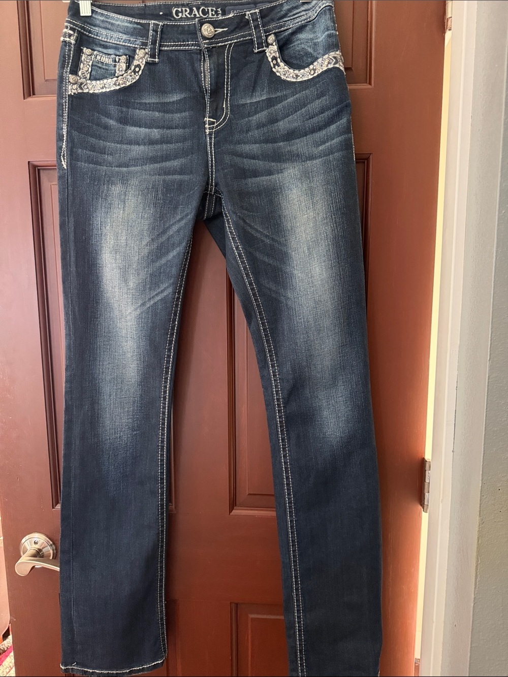 Grace in LA Indigo Embellished Pocket Straight Jeans